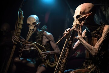 alien musician playing a flute-like instrument, while other musicians play stringed instruments, created with generative ai
