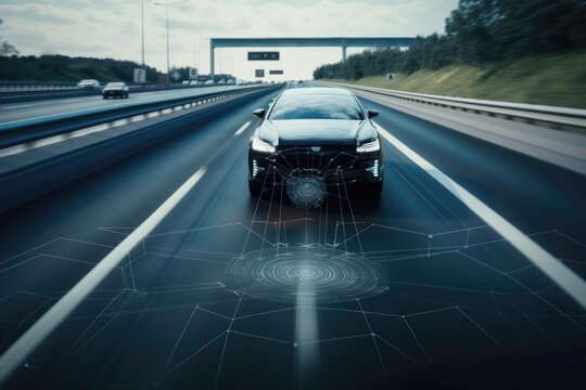 connected car, with sleek exterior and advanced technology, speeding down highway, created with generative ai