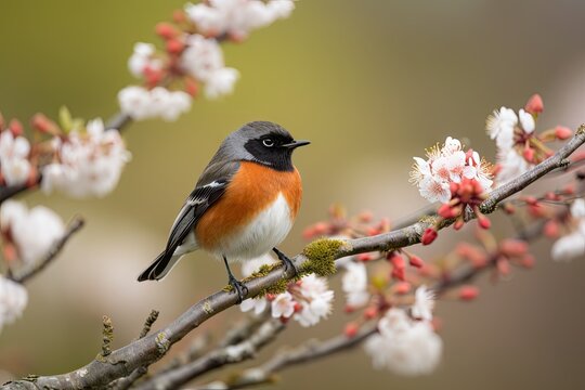 male redstart bird on branch, with cherry blossom in the background, created with generative ai