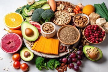 plate of immune-boosting foods, including fruits and vegetables, whole grains, and nuts & seeds, created with generative ai
