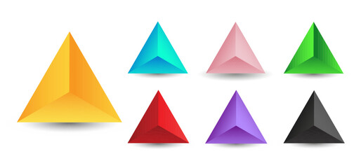 Set of vector tetrahedrons with gradients for game, icon, package design, logo, mobile, ui, web. One of regular polyhedra isolated on white background. Minimalist style. Platonic solid.