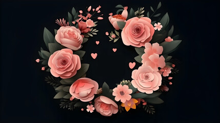 Illustration of flower with frame circle decoration as nature background with copy space in the center for invitation, greetings, wedding, valentine, or love design element. Generative AI technology.