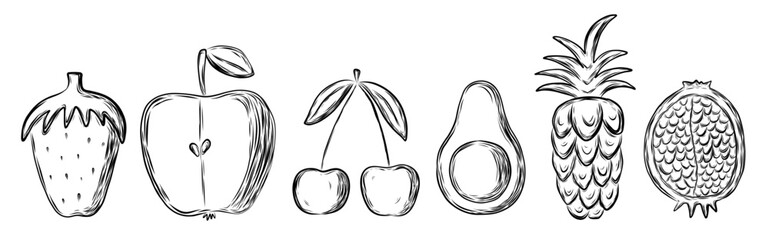 Set with fruits and berry in hand drawn sketch style
