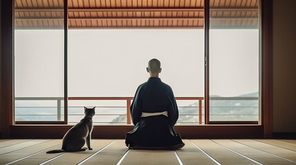Japanese monk man in kimono sitting on the floor and looking with cat. Generative AI. - obrazy, fototapety, plakaty
