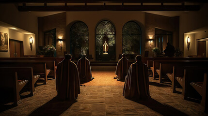 Interior of a catholic church. Monk prayers. Generative AI. - obrazy, fototapety, plakaty