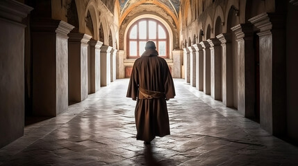 Rear view of a monk walking through a corridor in a church. Generative AI. - obrazy, fototapety, plakaty