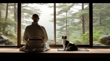 Japanese monk man and cat sitting on the window in a Japanese-style room. Generative AI.