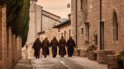 Benedictine monks walking in the streets of San Gimignano, Italy. Generative AI. - obrazy, fototapety, plakaty
