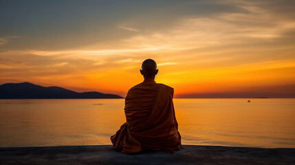 Buddhist monk sitting on the edge of the sea and looking at the sunset. Generative AI.