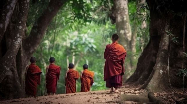 Children monks walking in a forest in Thailand. Generative AI.