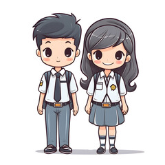 Obraz na płótnie Canvas Cute teenager man and woman cartoon hand draw in student uniform