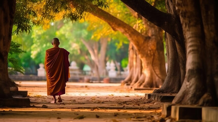 Obraz premium Buddhist monk walking in the park in the morning, Thailand. Generative AI.