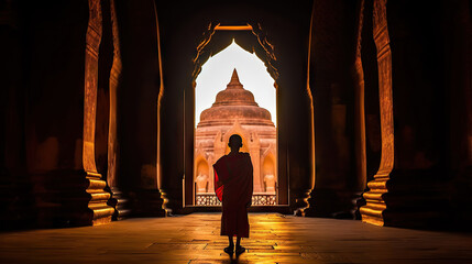Silhouette of a buddhist monk standing in front of the door of the temple. Generative AI.