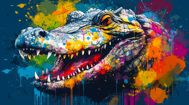 Crocodile face illustration vector in abstract mixed grunge colors digital painting in minimal graphic art style. Scary wild animal in pop art image. Digital illustration generative AI.