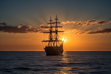 Fototapeta premium sailing ship at sunset, with the sun setting over the horizon, created with generative ai
