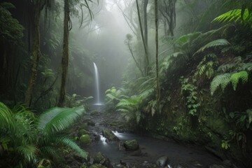 Fototapeta na wymiar peaceful rainforest with dramatic waterfall and mist, created with generative ai