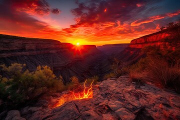 firey sunset, with the sun setting over canyon, casting warm and vibrant colors, created with generative ai