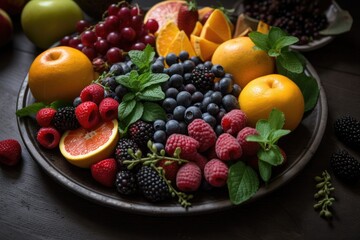 Naklejka na ściany i meble plate of fresh fruits and vegetables, rich in antioxidants and vitamins, created with generative ai