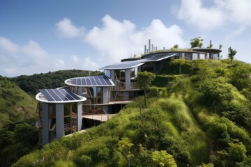 Obraz premium eco-friendly hotel, with solar panels and wind turbines on the roof, surrounded by greenery, created with generative ai