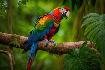 parrot perched on tree branch, surveying the jungle, created with generative ai