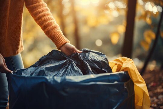person, tossing unwanted items into trash bag and feeling lighter and more organized, created with generative ai