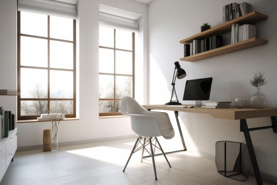 minimalist home office with sleek desk, minimalist chair, and natural light, created with generative ai