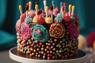 decorative cake with mix of frosting, cake, and pops in different colors, created with generative ai