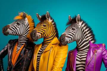Fototapeta na wymiar Stylish animal rock band, fashionable portrait of anthropomorphic superstar zebras with sunglasses and vibrant suits, group photo, glam rock style. Generative AI.