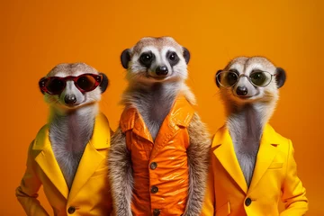 Fotobehang Fashionable portrait of anthropomorphic cute meerkats dressed in vibrant suits and looking like superstars. Generative AI. © Aul Zitzke
