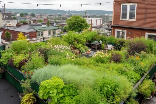 green rooftop garden with flourishing plants, blooming flowers and hummingbird feeder, created with generative ai