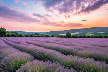 Fototapeta na wymiar lavender field, with rolling hills and pastel sky in the background, created with generative ai