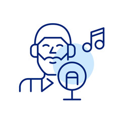 Smiling young wearing headphones man recording music at sound studio. Creating song or podcast content. Pixel perfect, editable stroke simple icon