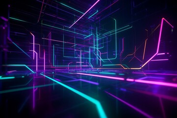 Glowing lines neon lights abstract psychedelic background. 3d render, Generative ai