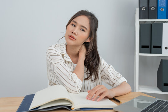 Office Syndromes, Woman Massaging Neck Pain Due To Work And Using A Computer, Digital Composite Of A Focused Spine Of Neck Pain And Shoulder Pain Symptoms , Injuries, Health Care, Medical, Myositis