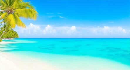 Obraz na płótnie Canvas Tropical paradise beach with white sand and crystal clear blue water. Beautiful natural summer vacation holidays background. Travel tourism wide panorama background concept, generative ai
