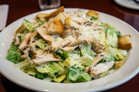 luscious chicken caesar salad, with freshly cooked and shredded chicken on top, created with generative ai