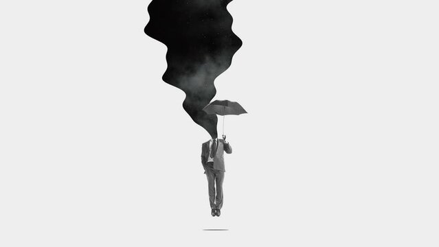 Contemporary art. Stop motion, animation. Businessman flying under umbrella with flow of creative ideas from head. Surreal artwork. Monochrome. Concept of business, extraordinary vision, ideas