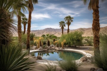 Fototapeta na wymiar desert oasis, with view of rolling hills and palm trees in the background, created with generative ai
