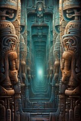 Fototapeta na wymiar symmetrical mayan style harmony artscape, surreal cover art, generative ai