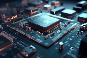 Fototapeta na wymiar Macro view of a futuristic electronic circuit, Generative AI