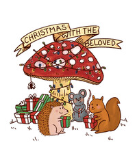 Christmas With The Beloved Animal Party Cute Gifts Squirrel Mouse Hedgehog New Year Mushroom Tree
