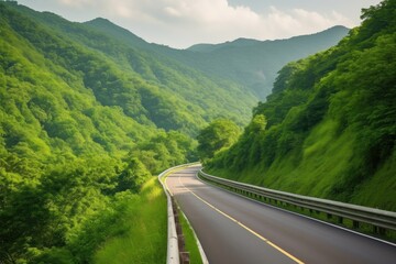 scenic highway, with rolling hills and lush greenery, leading to mountain range in the distance, created with generative ai