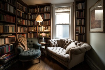 cozy reading nook with floor-to-ceiling bookcases and plush armchair, created with generative ai