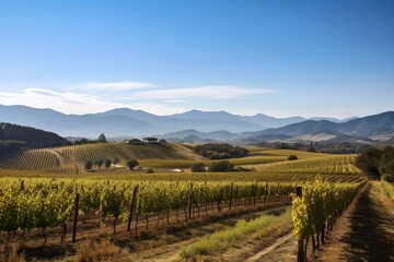 Fototapeta na wymiar vineyard with rolling hills and distant mountains in the background, created with generative ai