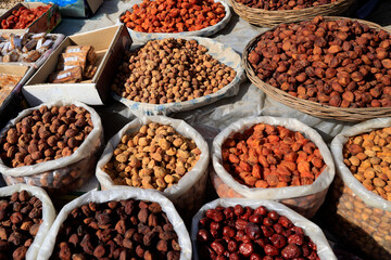 Sale of dried fruits at the Takhta-Karacha mountain pass, Uzbekistan