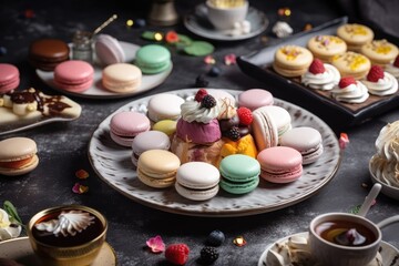 Obraz na płótnie Canvas plate with variety of meringue desserts, including macarons and mini eclairs, created with generative ai