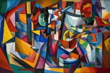Fototapeta premium cubist painting, with bold blocks of color and distorted lines, created with generative ai