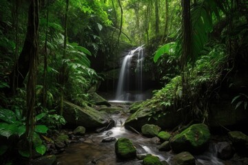 Obraz premium cascading waterfall, surrounded by lush green trees and foliage, created with generative ai