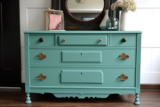 refurbished vintage dresser with new knobs and drawers, created with generative ai