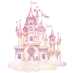 Pink Princess castle on clouds. Fairytale magic kingdom watercolor hand drawn illustration isolated on transparent background. Ideas for kids greeting cards, baby shower invitation, nursery decoration - 607862604